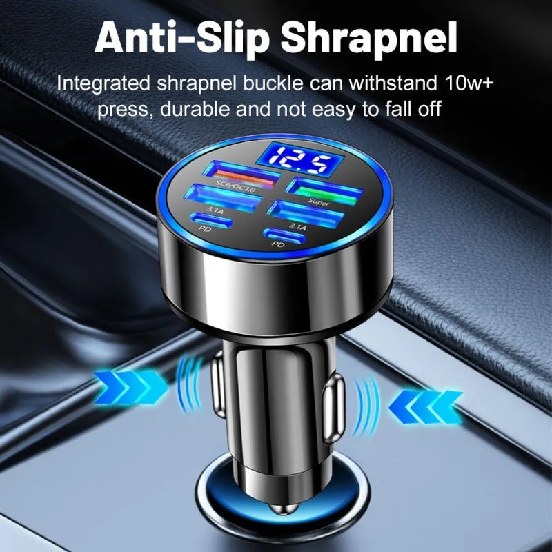 Black six-port 27W car charger with digital display and PD ports for vehicle cigarette lighter