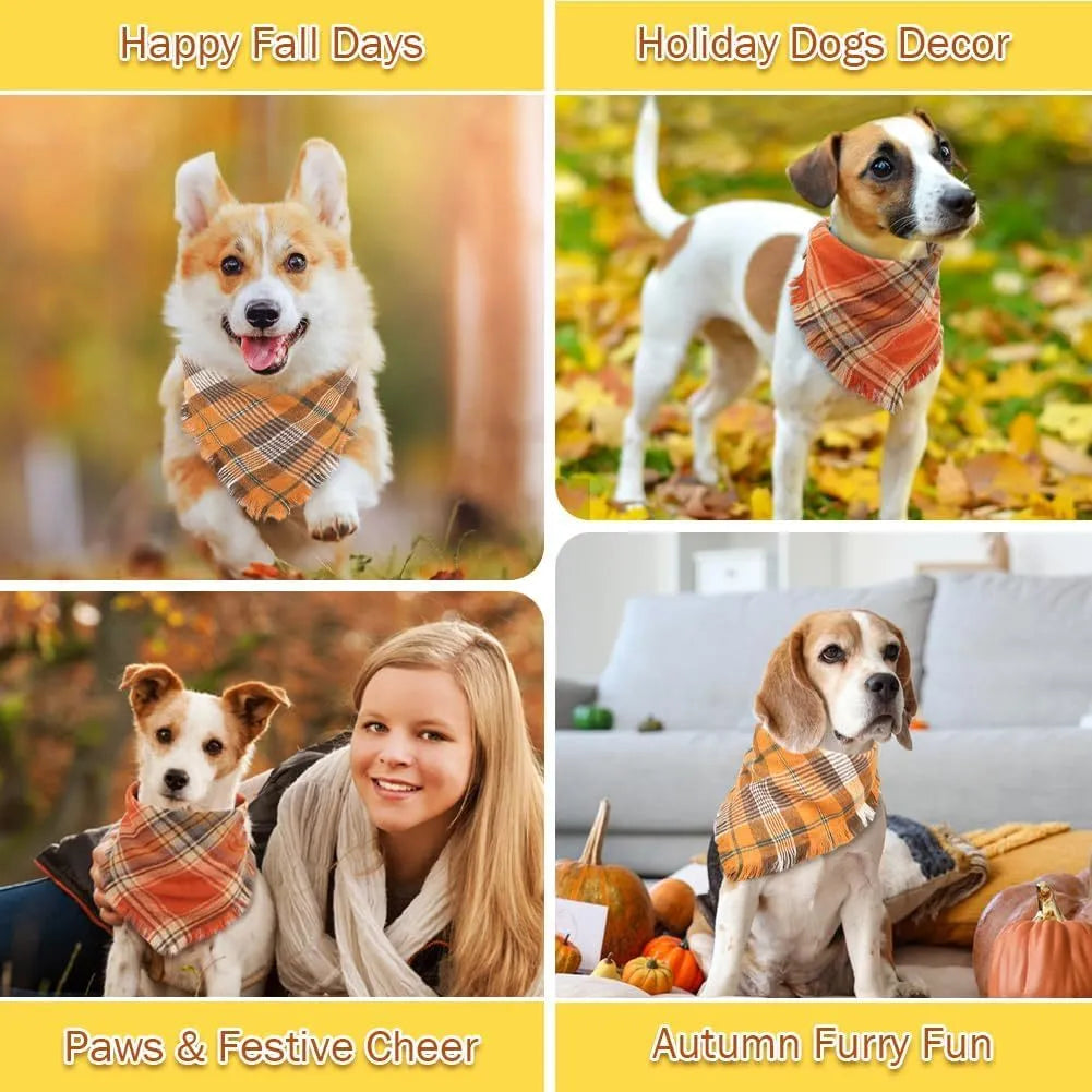 Brown, green, orange, red, and yellow plaid dog bandana with tassels on the edges.
