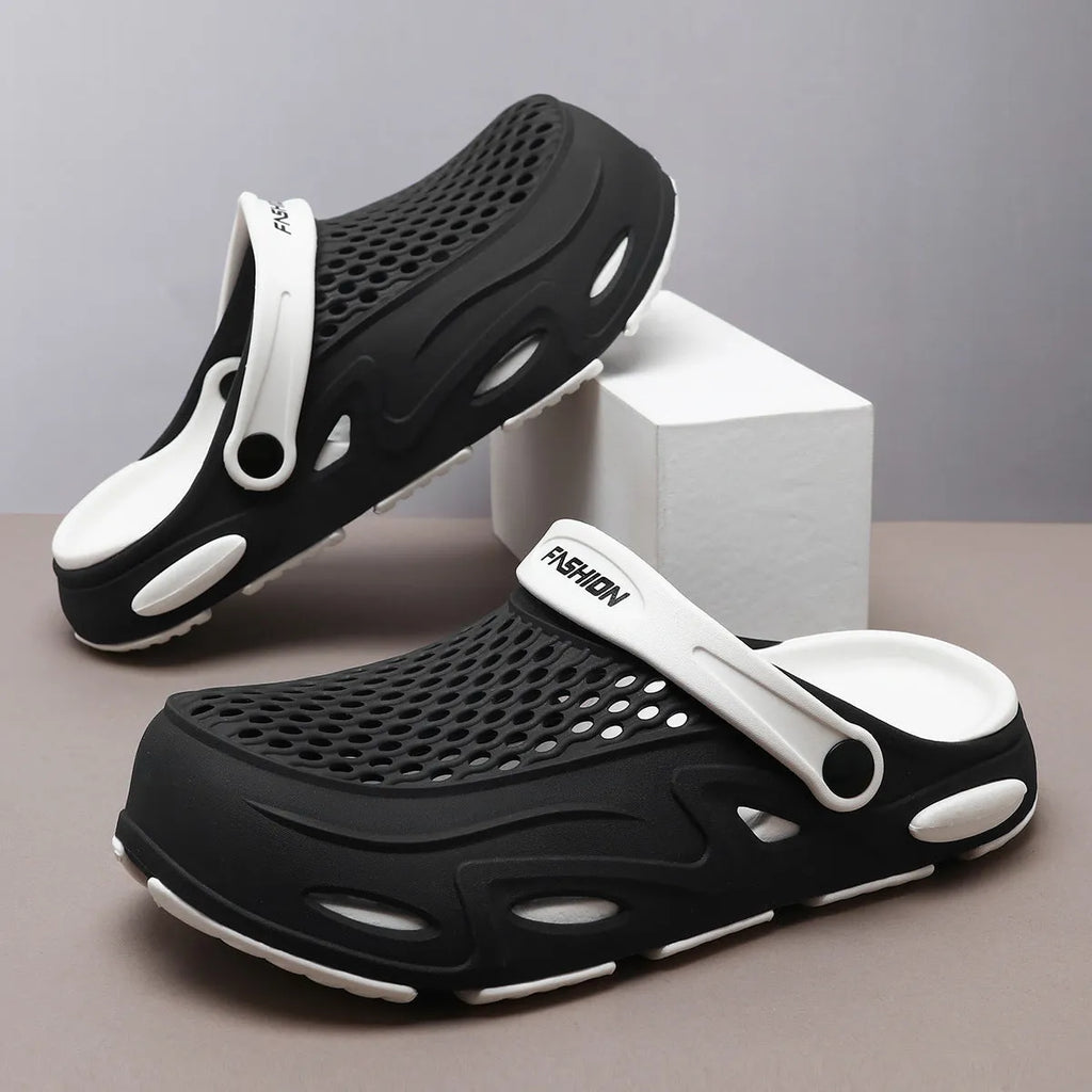 Men's grey closed toe beach slippers with EVA sole and round toe holder design