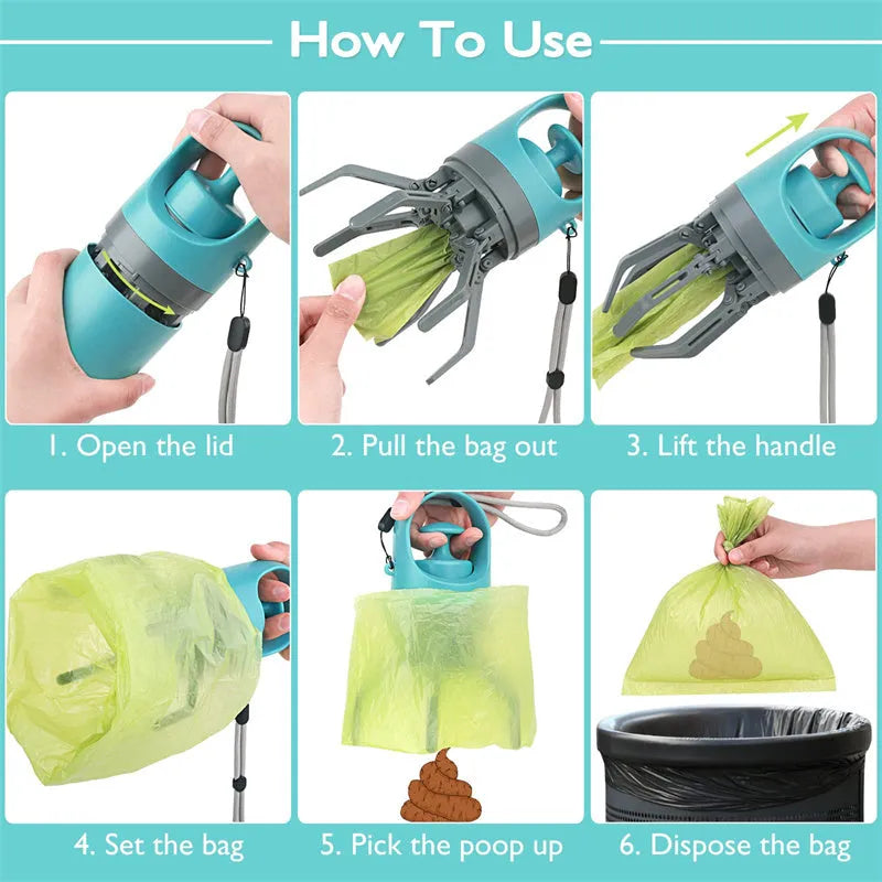 Blue portable dog pooper scooper with built-in bag dispenser and eight-claw shovel mechanism