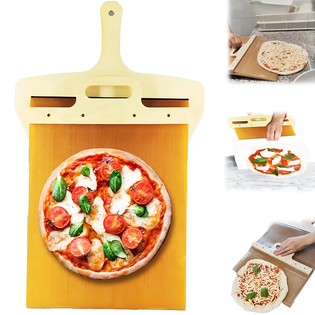 White food-grade PP plastic pizza transfer shovel with handle and hanging hole.