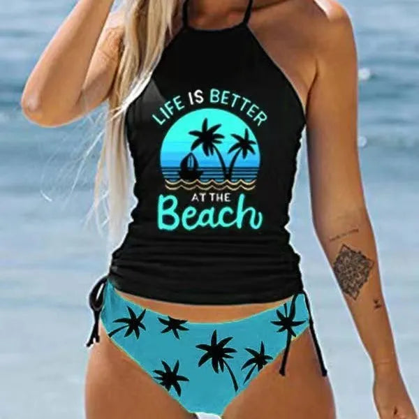 Colourful split print ladies swimsuit with conservative brief style and high-elasticity polyester fabric