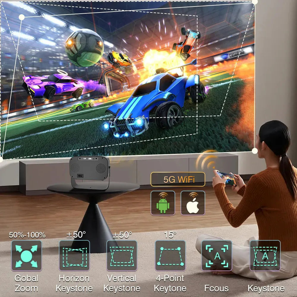 Black portable HD projector with remote control and cables for home office use