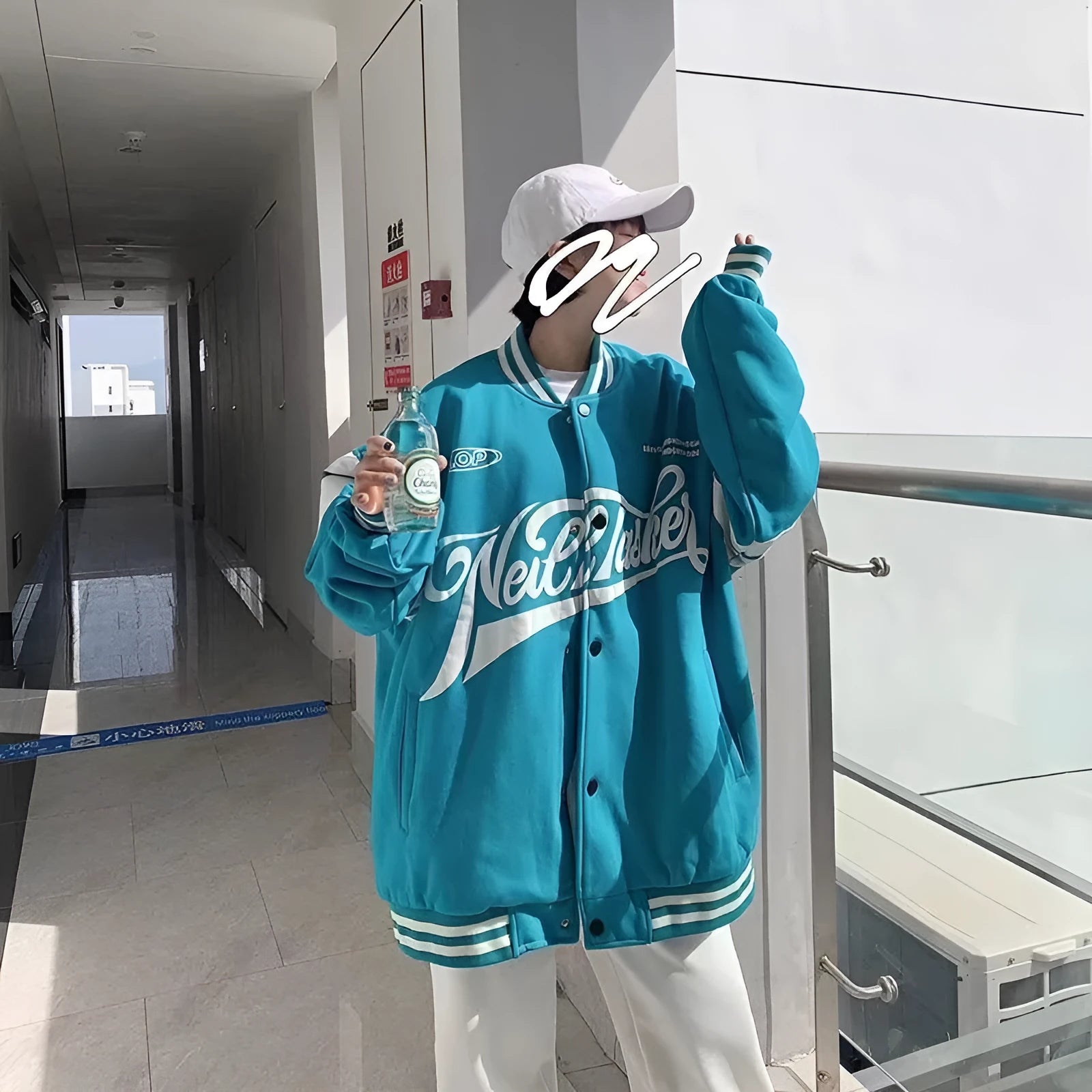 Loose unisex baseball jacket with stand-up collar in colour matching design, available in Black Khaki Lake blue
