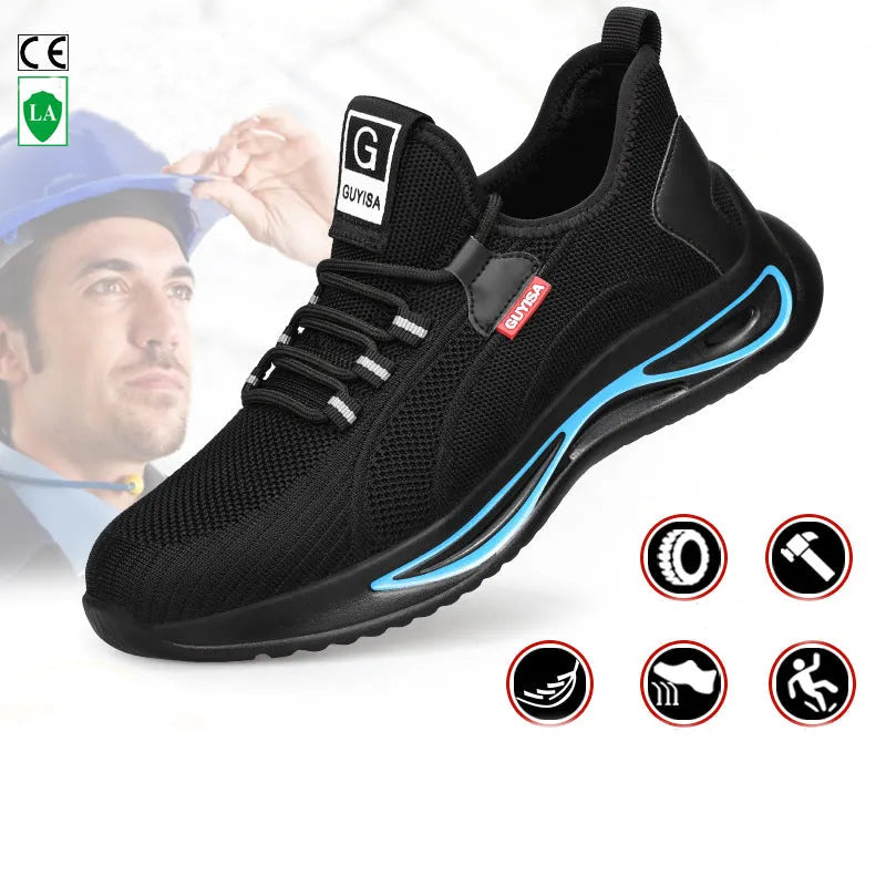 Men steel toe work safety shoes black with blue trim, lace-up low top, fly weave upper and PU sole