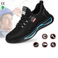 Men steel toe work safety shoes black with blue trim, lace-up low top, fly weave upper and PU sole