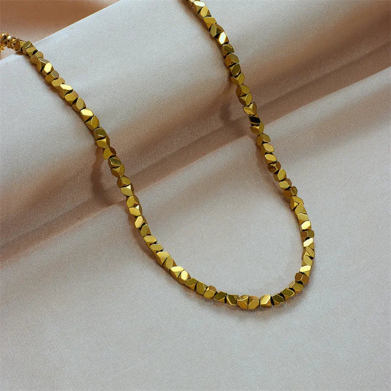 Geometric chamfering square pattern small beaded necklace for women in stainless steel colour N1817