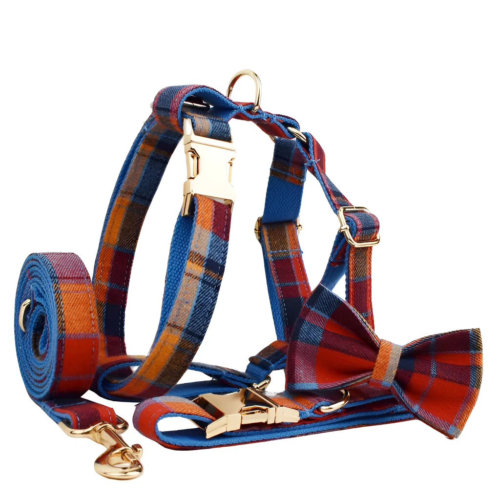 Four-piece dog accessory set with collar, leash, bow tie, and cloth vest in cloth fabric