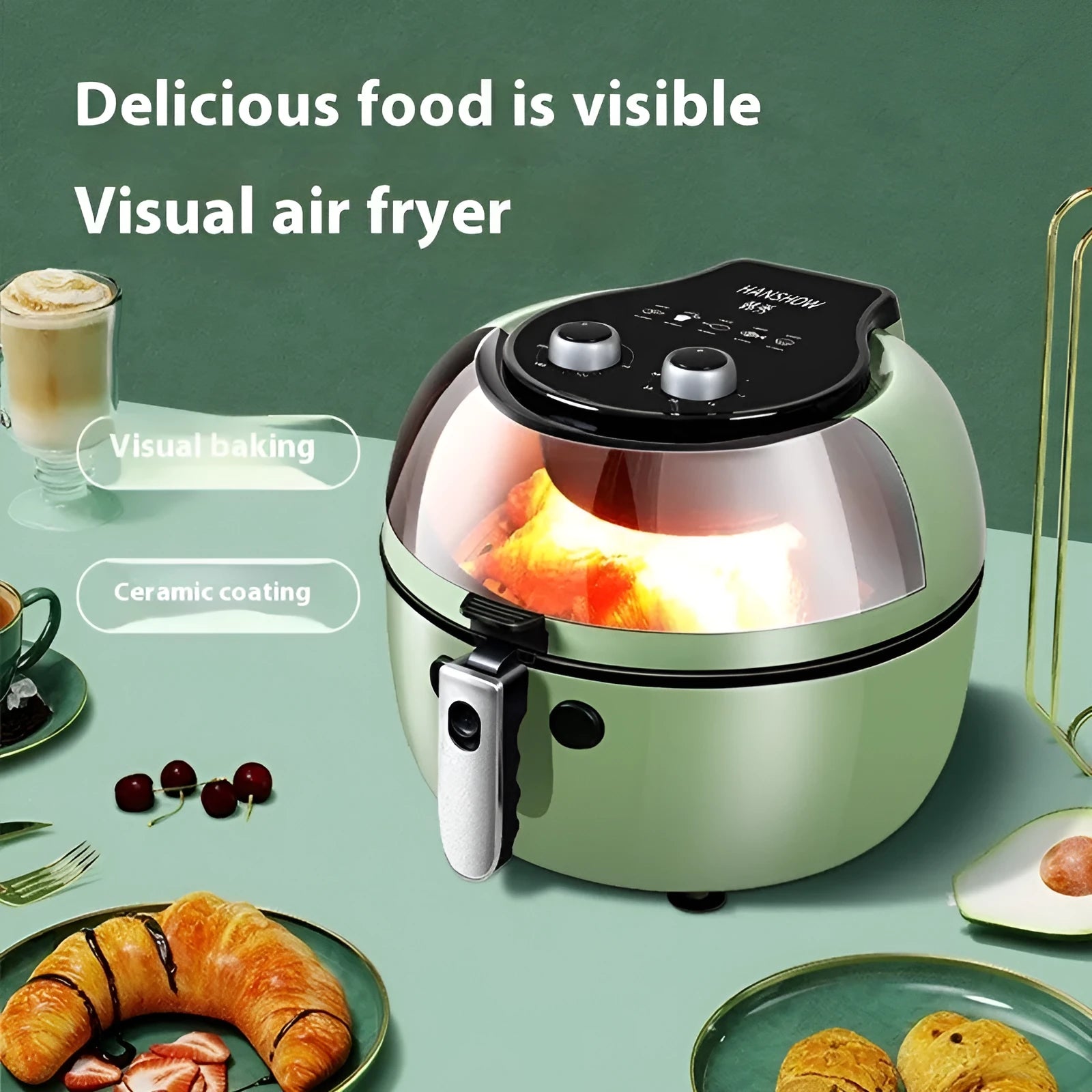 Large 8-litre capacity air fryer oven with mechanical buttons and a clear viewing window on the door.