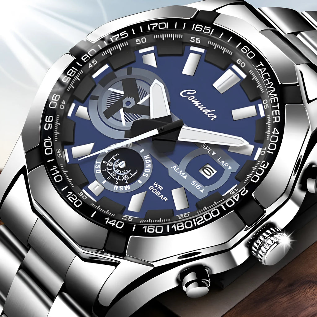 Men's waterproof luminous sports watch with large dial and 10mm case, shown in silver steel and black leather options.