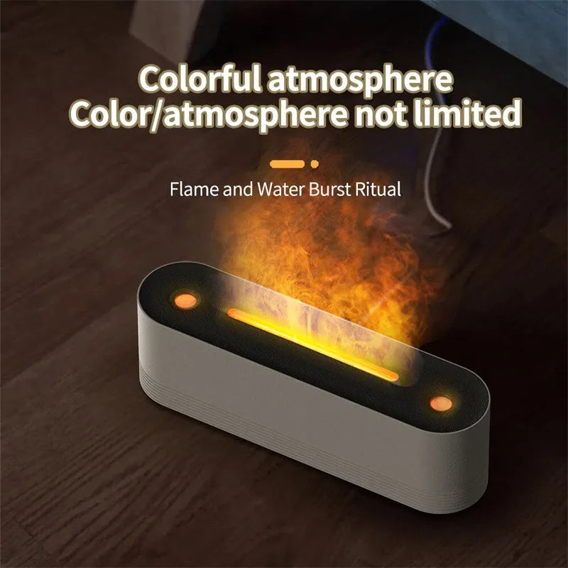 Black ultrasonic aromatherapy diffuser with LED flame lights emitting cool mist vapour