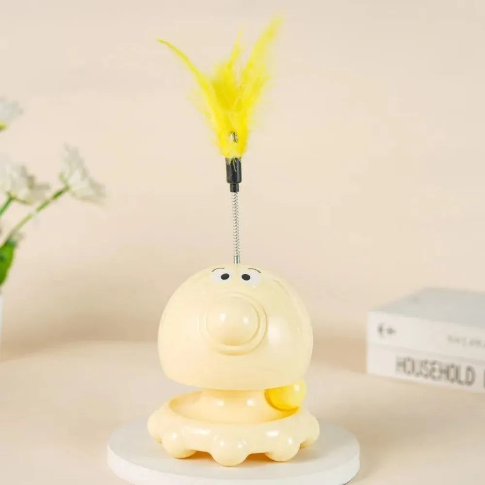 Cat turntable toy with tunnel, leaking food ball and cat stick in green, pink and yellow