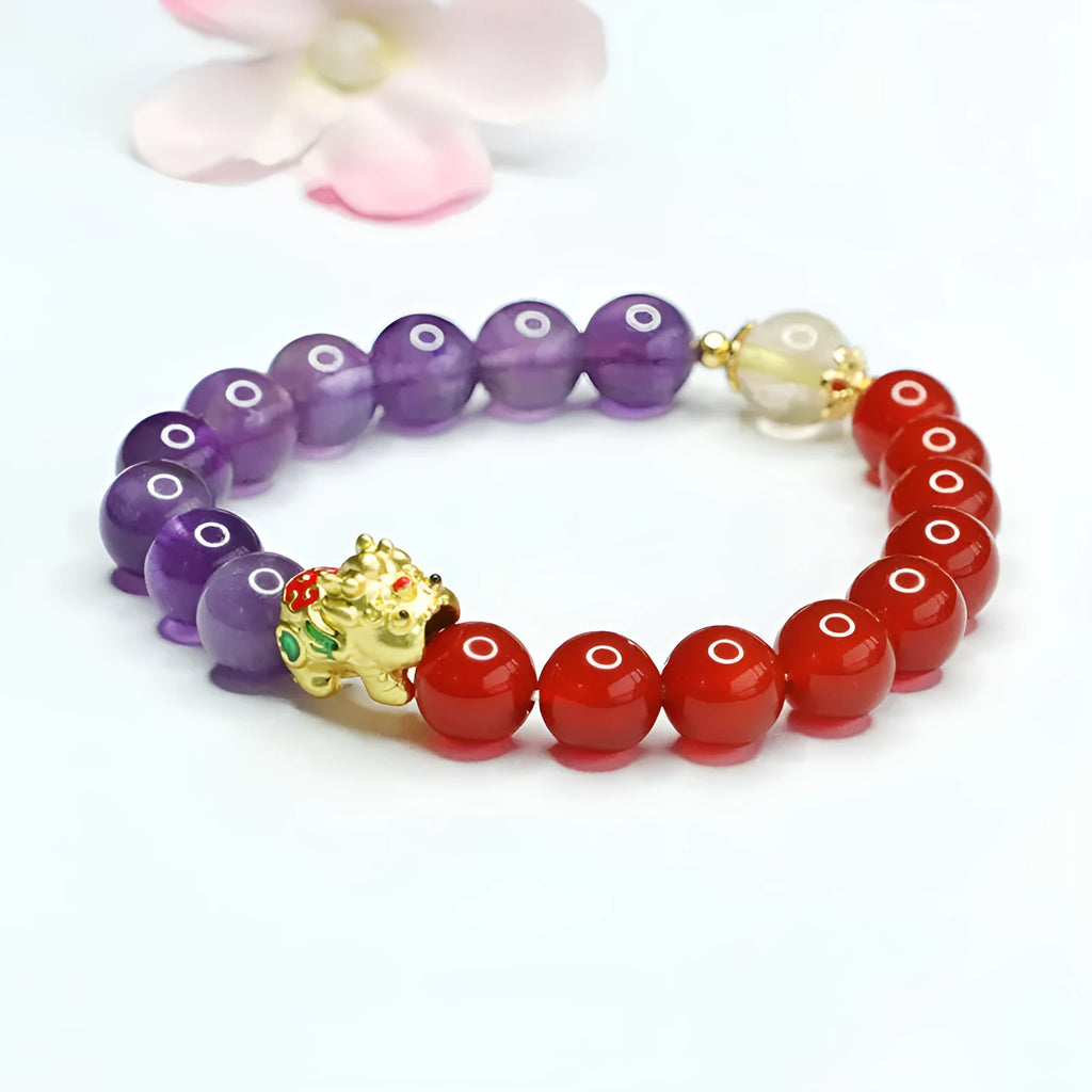 Amethyst and red agate Chinese style beaded bracelet with 8mm stones.