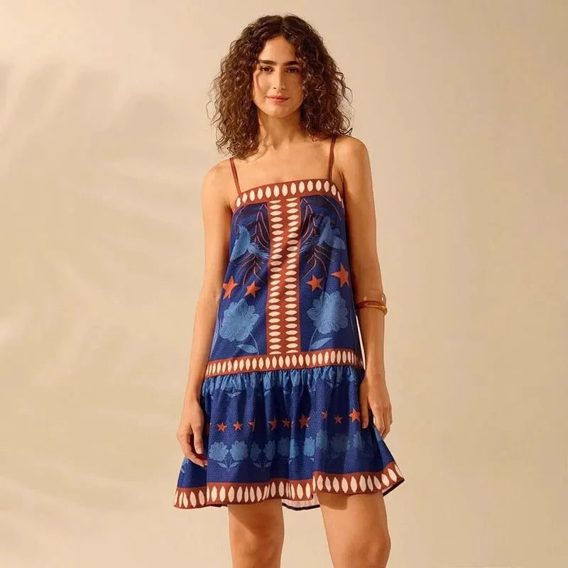 Women's blue one-shoulder printed A-line dress, strapless sleeveless mid-length style with ruffle detail
