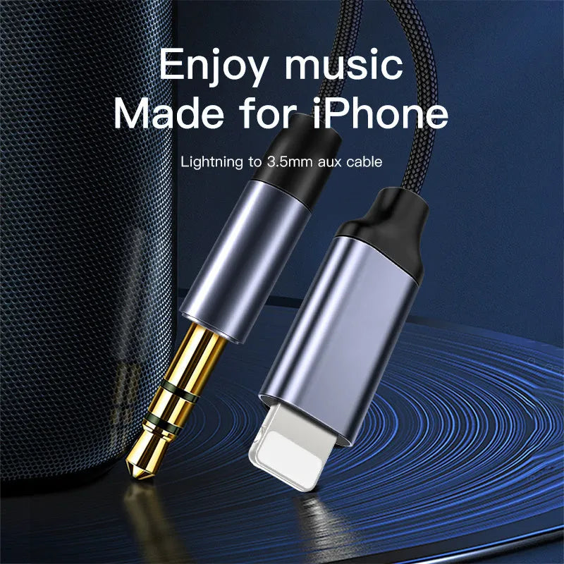 Silver nylon-braided audio cable with 3.5mm plugs and a car adapter connector.