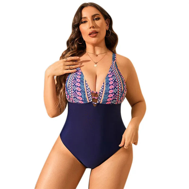 Leopard print plus size one-piece swimsuit with V-neck and conservative belly coverage design.