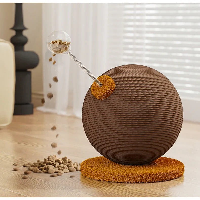 A hemp rope cat scratching board with a colourful cat grasping ball toy placed beside it.