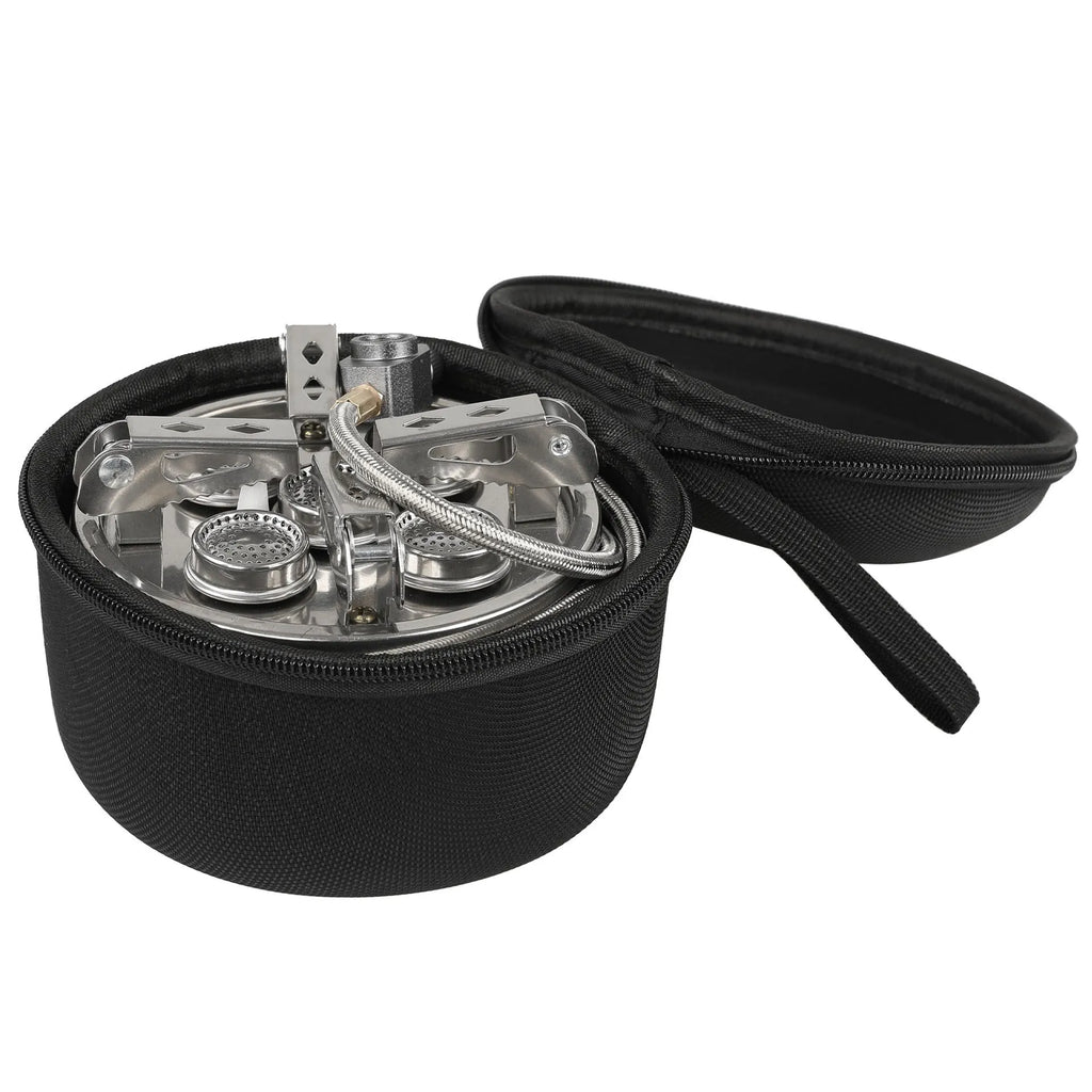Silver portable split camping stove with stainless steel body and a long black flexible hose.