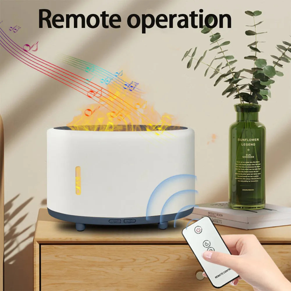 Bluetooth remote control flame humidifier aromatherapy machine with LED light in three colour options.
