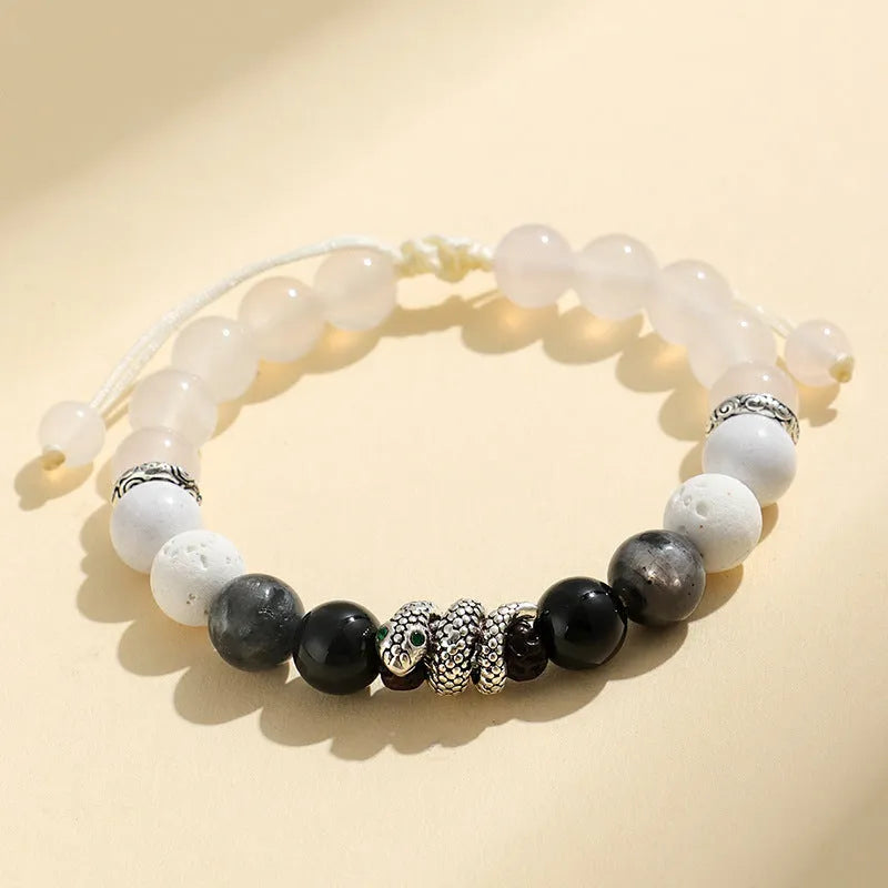 Black and white agate couple bracelet with blessing snake design and turquoise glitter
