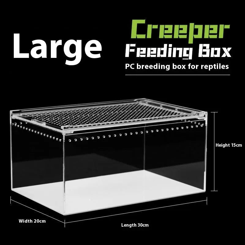 Transparent acrylic reptile feeding box showing five different size options on a white background.