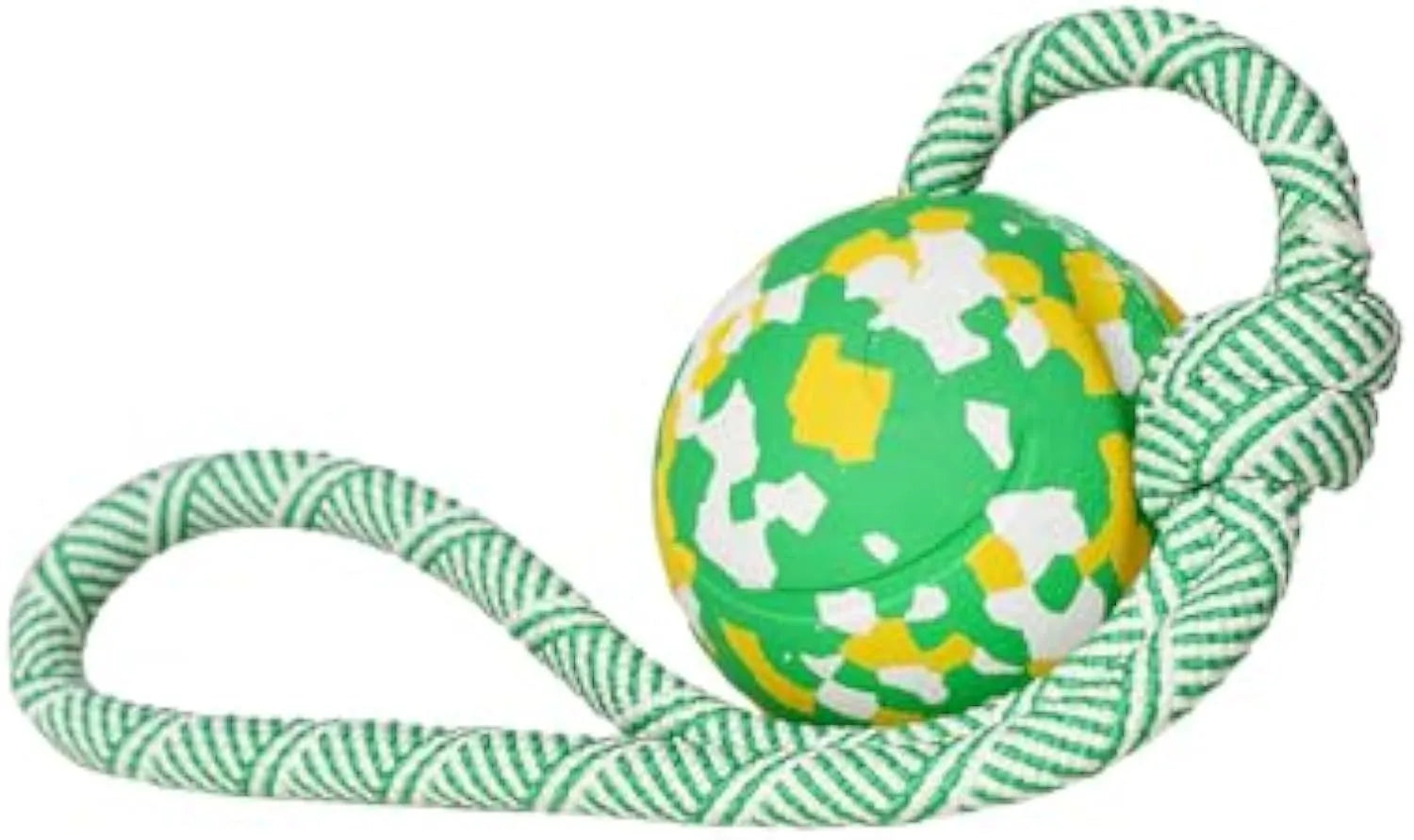Natural rubber dog ball attached to a blue nylon rope for fetch and tug play