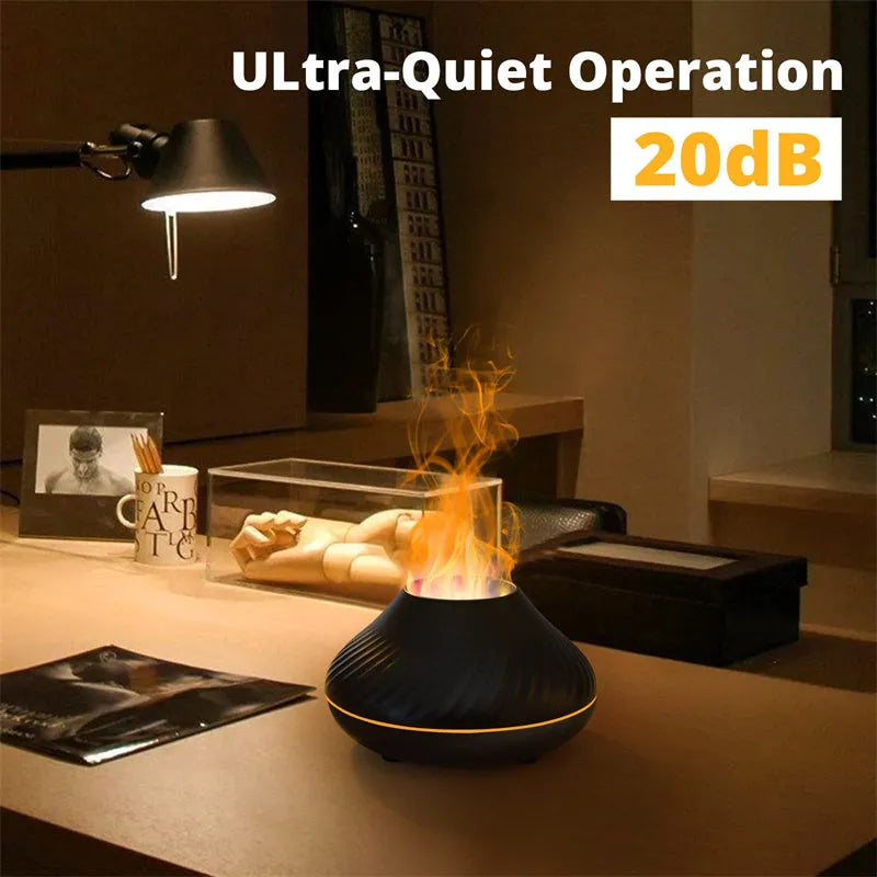 Volcanic flame aroma diffuser with LED lights and water mist emission