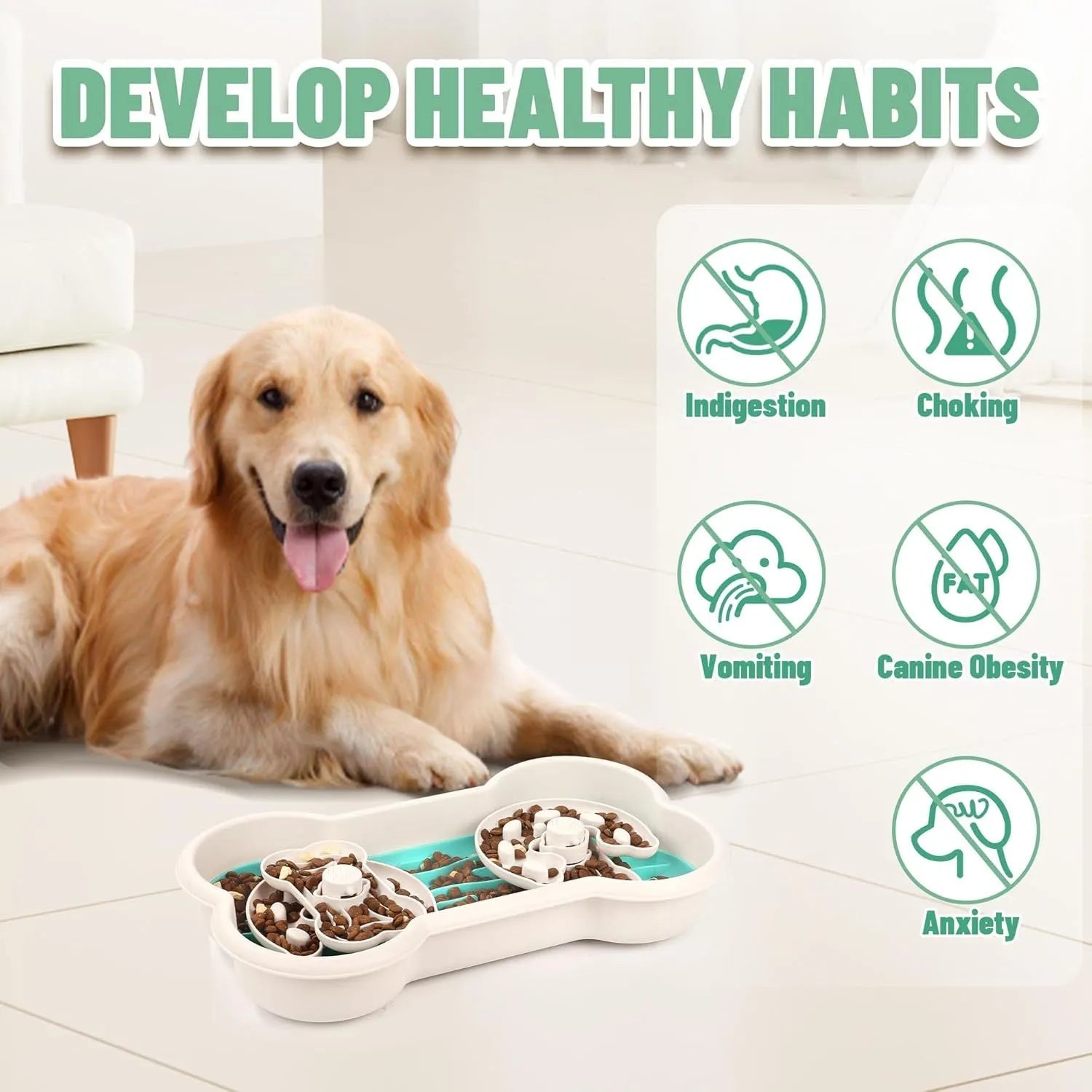 Large green slow feeder dog bowl with three rotating puzzle trays and anti-slip suction cups