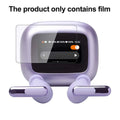Transparent Bluetooth headset protective film on a table, showing its compact size and clear finish
