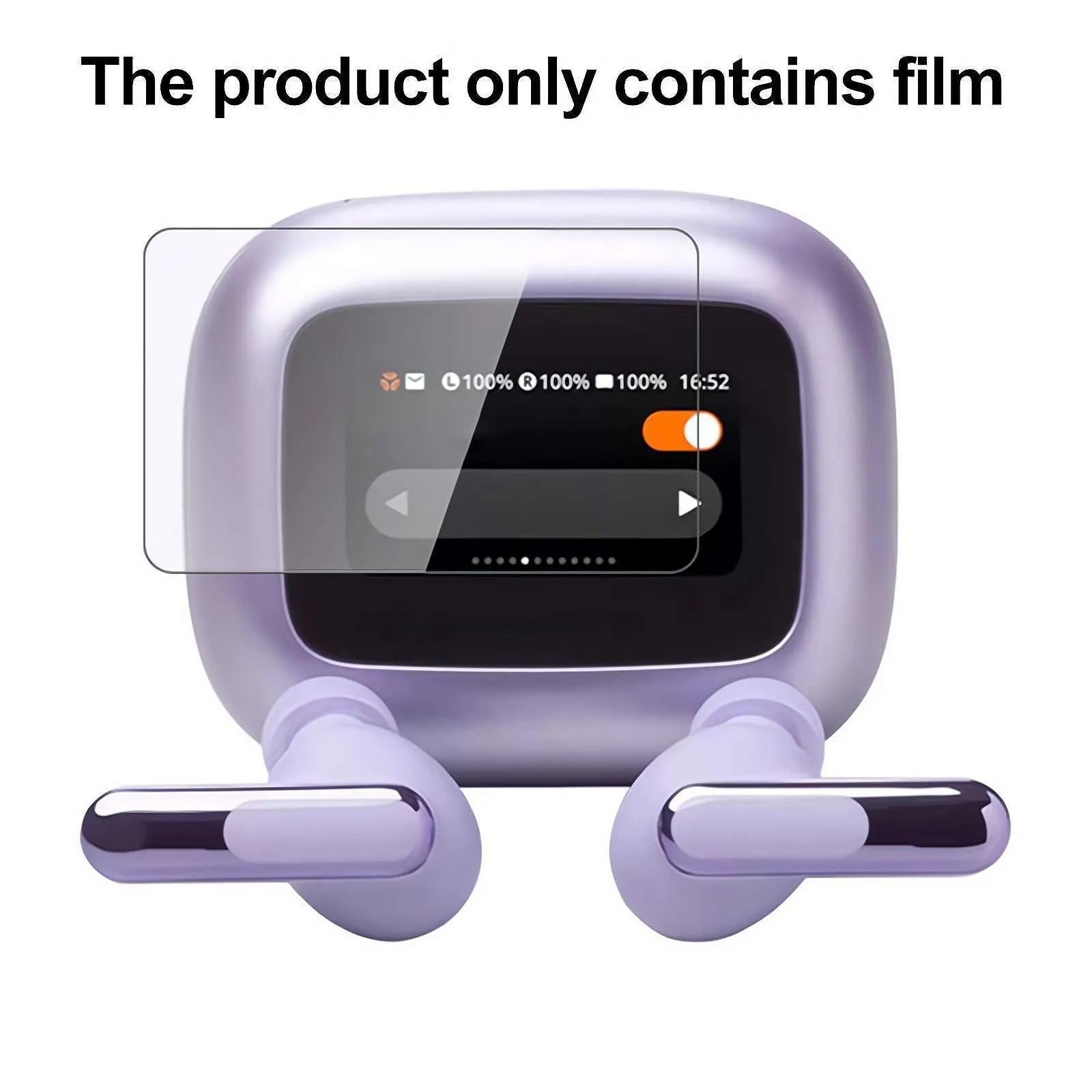 Transparent Bluetooth headset protective film on a table, showing its compact size and clear finish