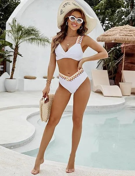 Black and white women's lace-up high-waisted swimsuit bikini with backless design