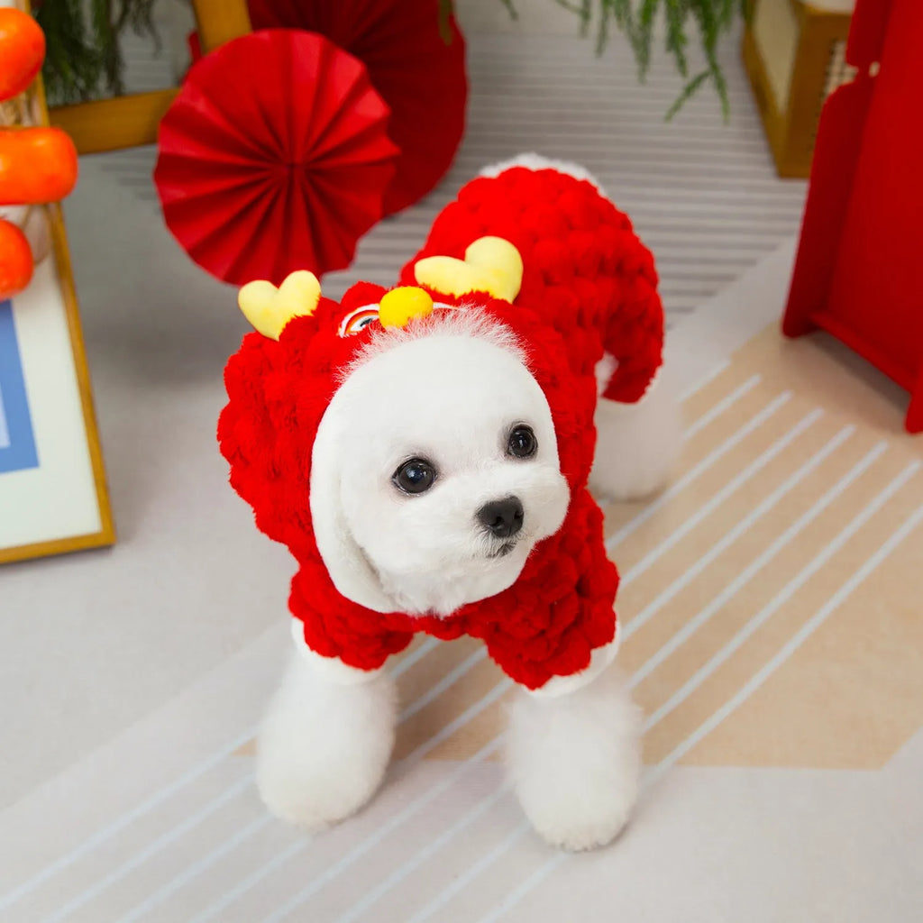 Red cartoon dragon pet jacket with double-sided velvet texture for dogs and cats