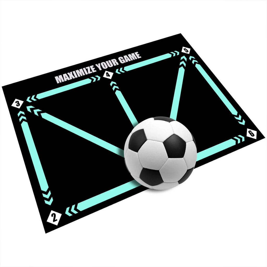 Black non-slip football training mat measuring 60 by 90 centimetres laid flat.