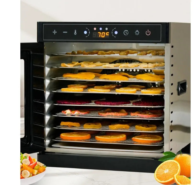 Stainless steel fruit dehydrator with multiple trays and LED control panel.
