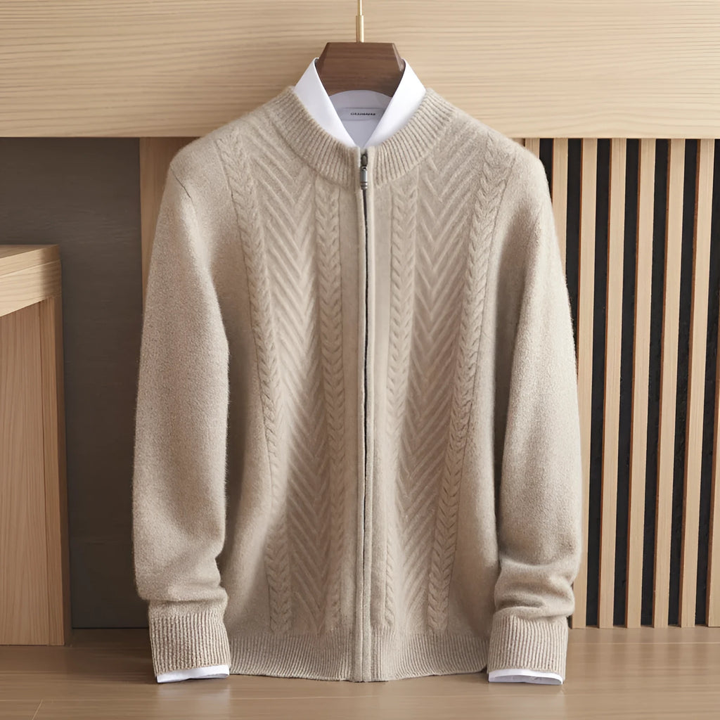 Pure cashmere thick twisted cardigan in dark blue for men, light luxury style