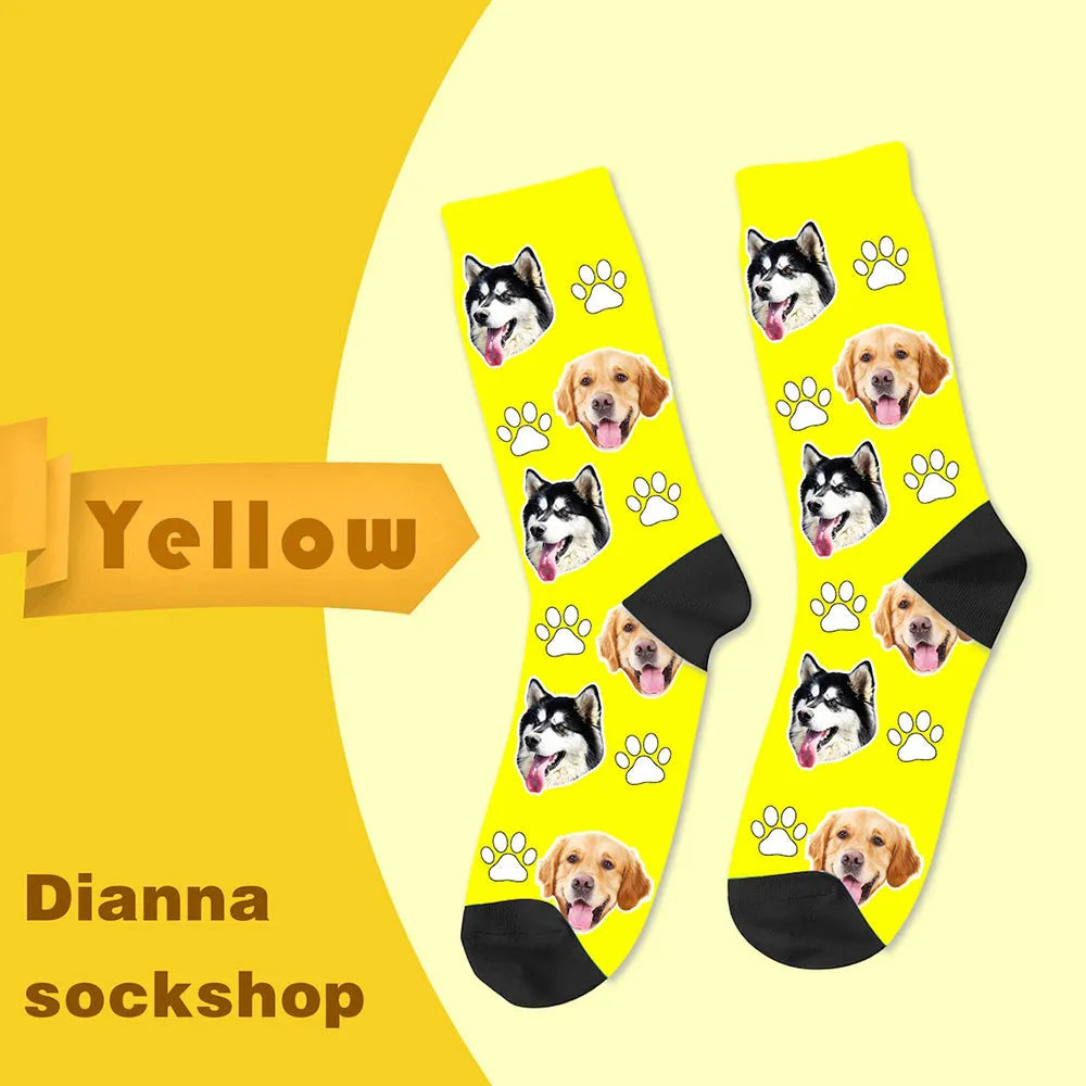 Custom cartoon graphic printed on a pair of coloured mid-calf tube socks made from polyester.