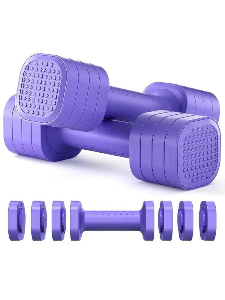 Set of pink 5 lb detachable ABS plastic dumbbells for women's fitness on a grey background.