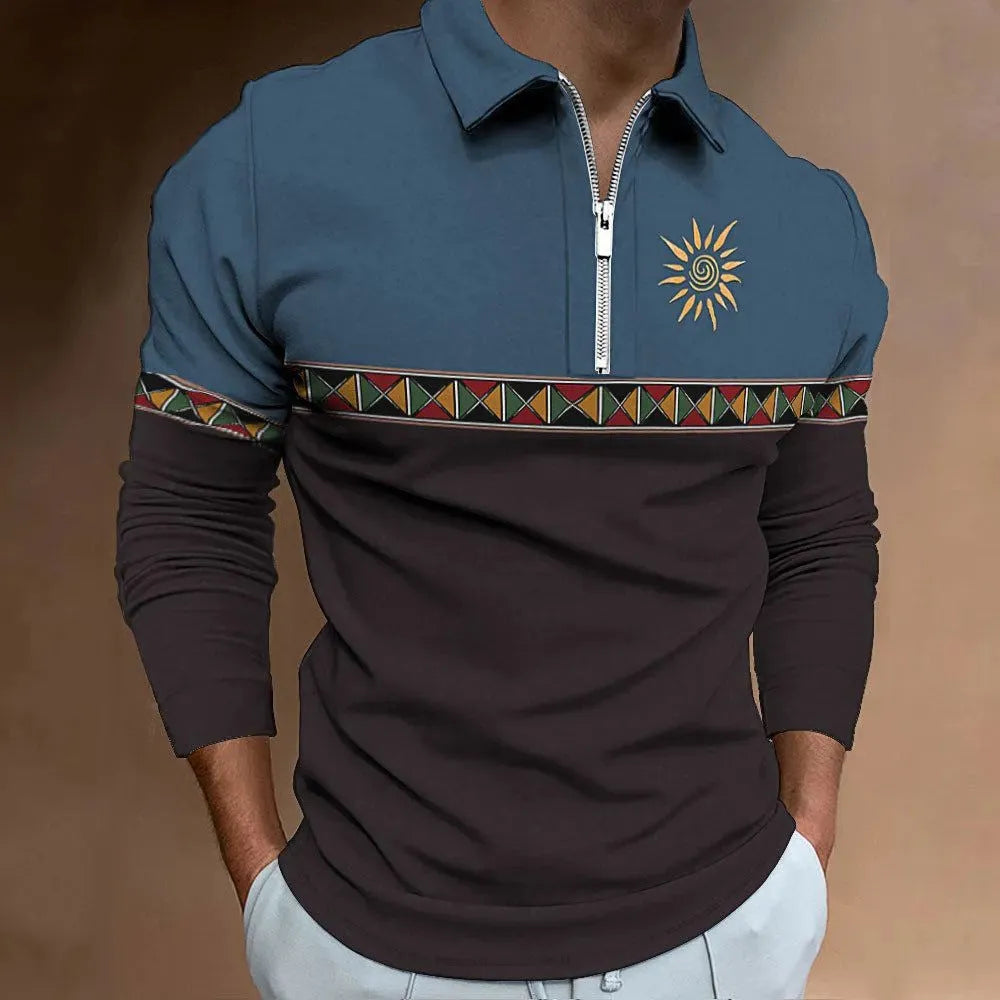 Man modelling a men's long-sleeved retro print golf t-shirt with zip decoration in a loose fit.