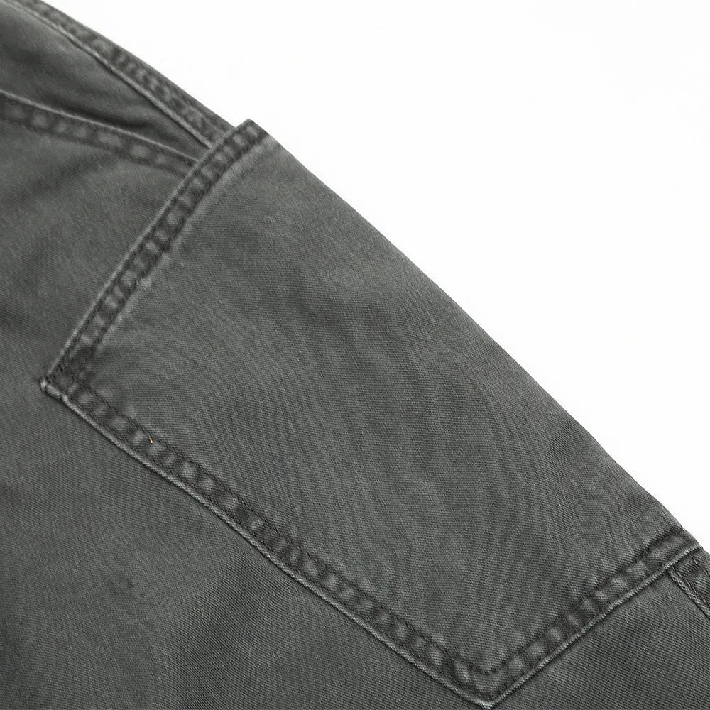 Mens loose fit denim work trousers in black, dark green, and smoky gray cotton fabric