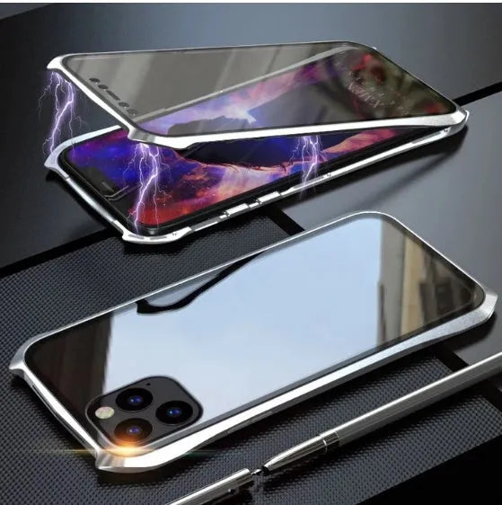 Glass magnetic protective case for iPhone 11 with metal frame and solid colour back
