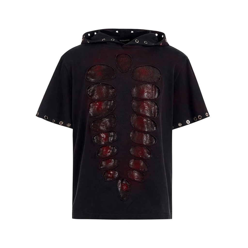 Men's black loose-fit hooded t-shirt with short sleeves and sequin decoration.
