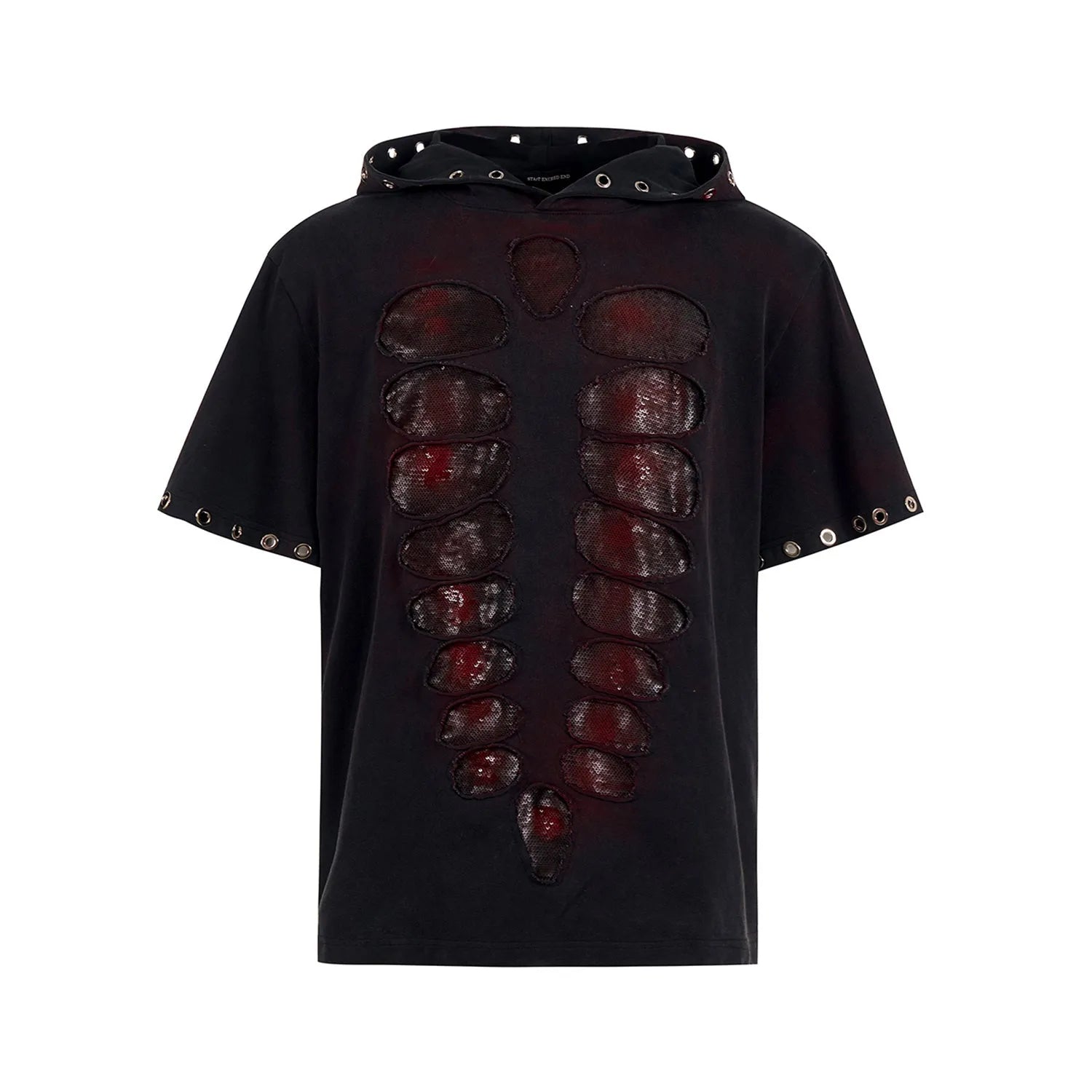 Men's black loose-fit hooded t-shirt with short sleeves and sequin decoration.