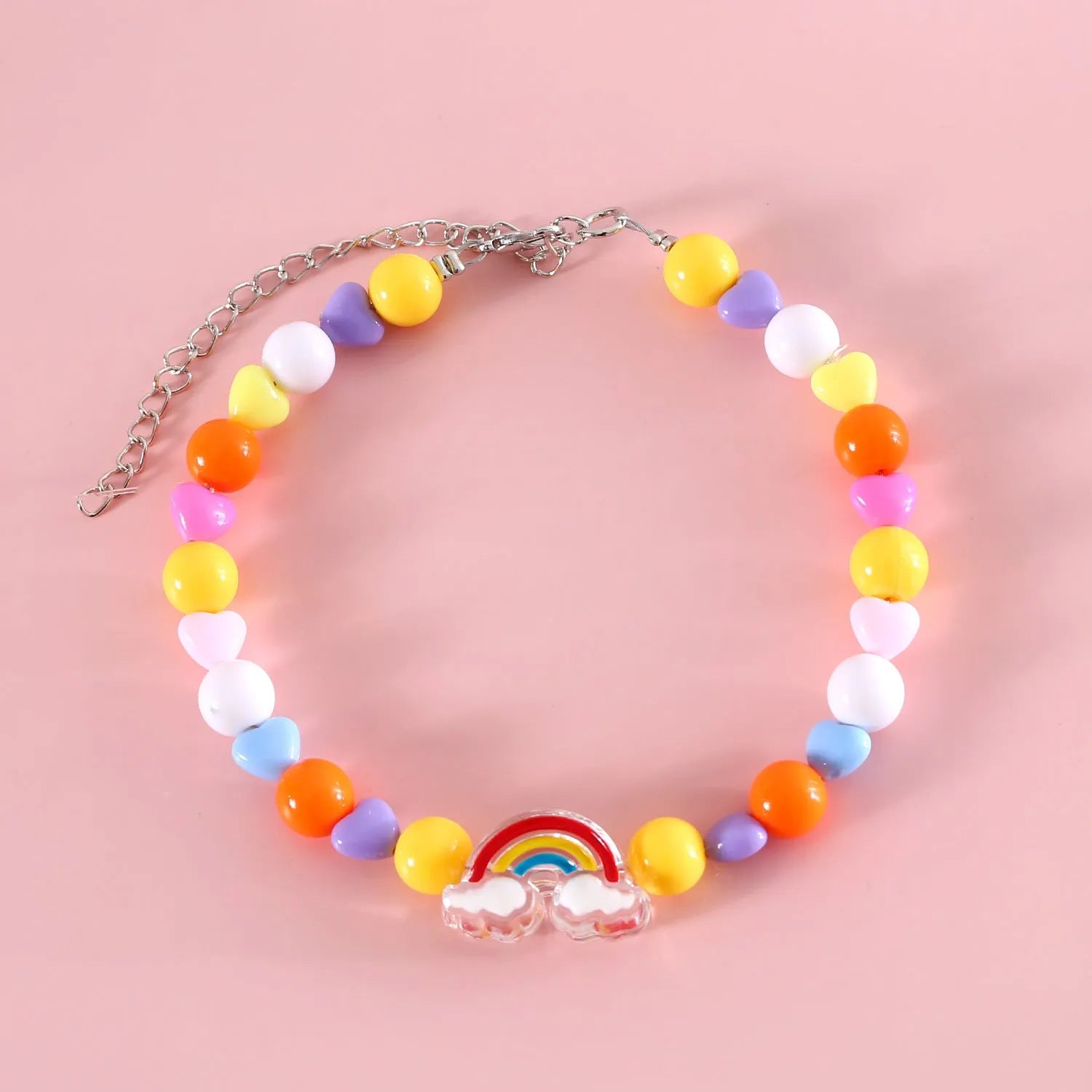 Colourful plastic pearl bead cat collar necklace showing rainbow, peach and small flower design options