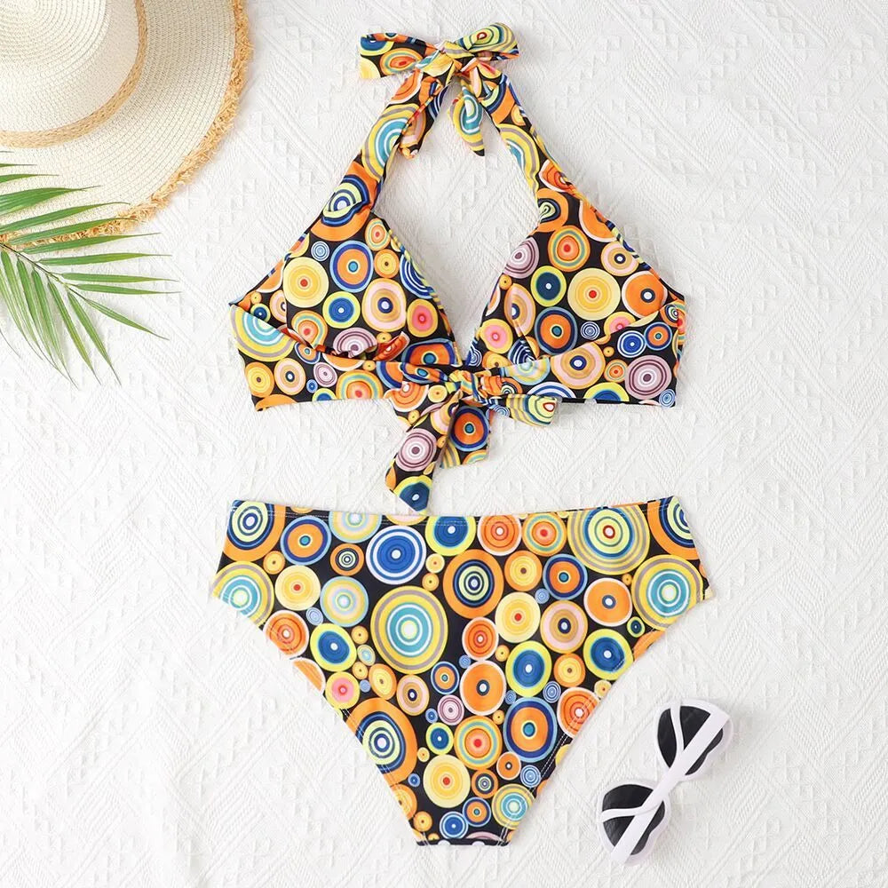Women's printed high waist split bikini suit in striped pattern, quick-drying polyester spandex