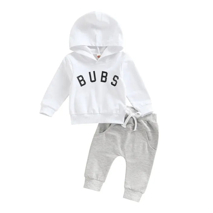 Boys' cotton letter print hoodie and trousers suit in white, long sleeves, pullover style, 70-110cm height