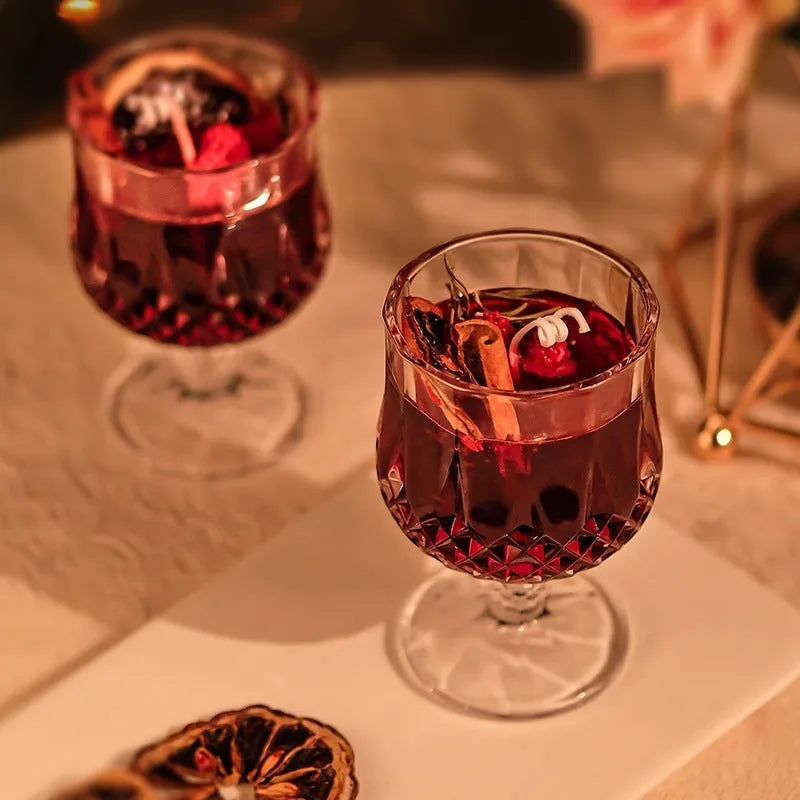 Glass goblet aromatherapy candle with French mulled wine style and jelly crystal design