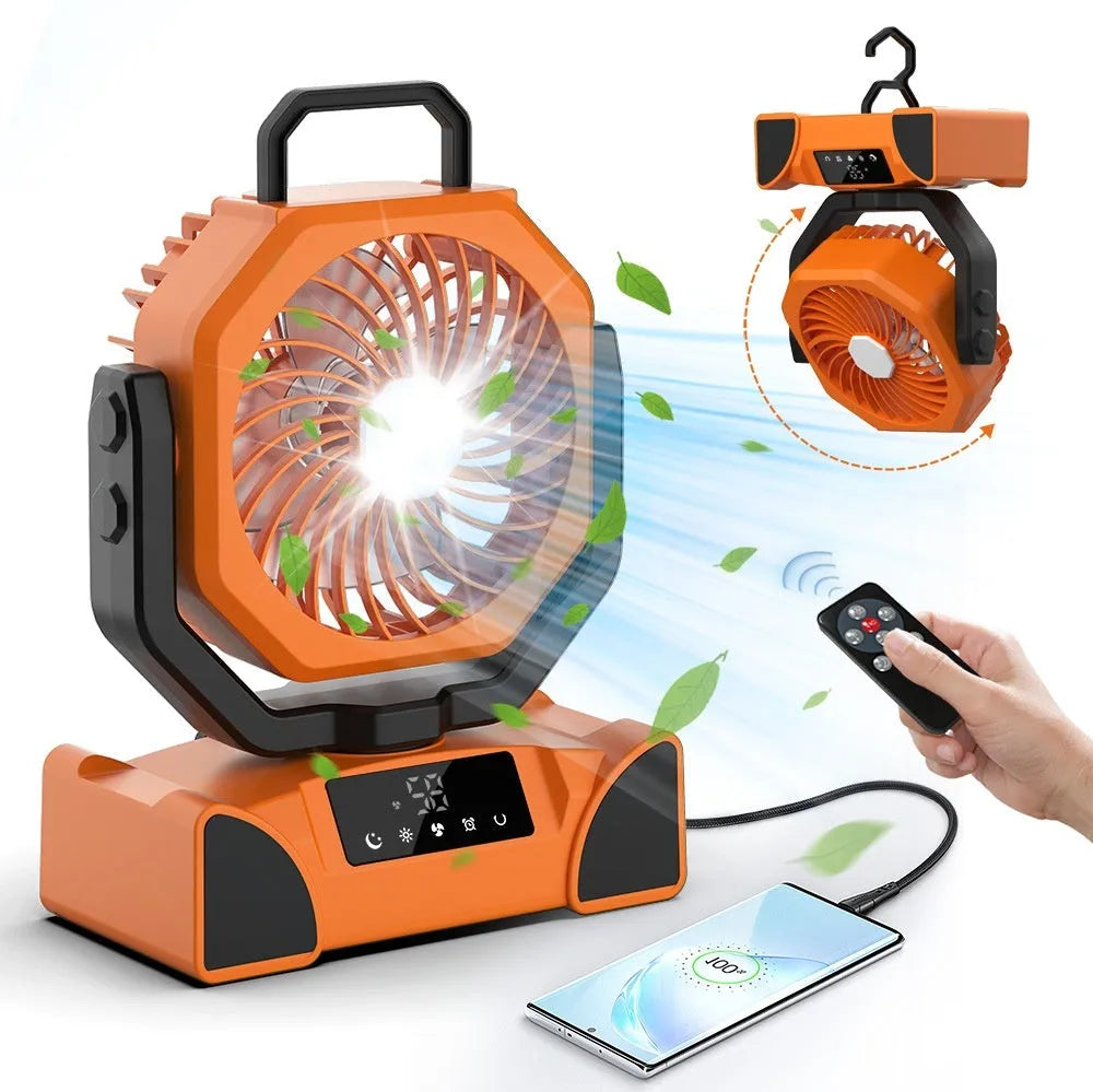 Orange, green, or black outdoor solar fan with digital display, touch controls, 207x108x260mm, 12-hour battery life, remote control included.