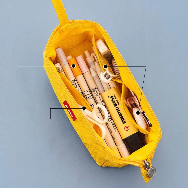 Large canvas pencil case with double zipper in yellow, black and dark blue colour options