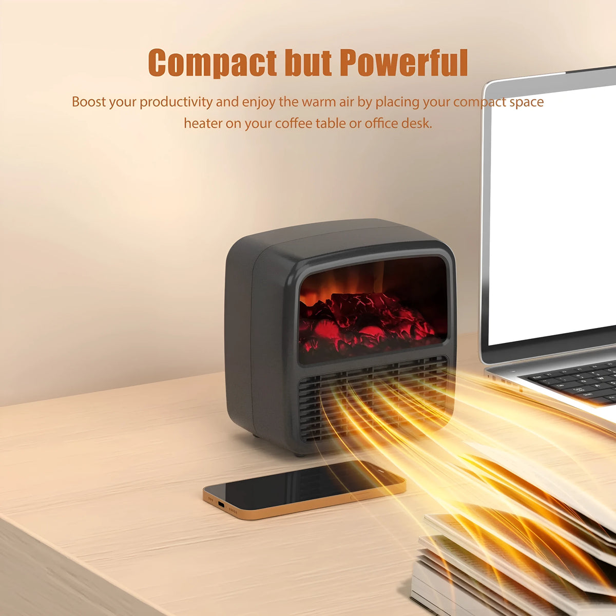 Black or white desktop electric space heater, 220x220x150mm, with ceramic heating, 1000-1500W power, and LED flame effect.