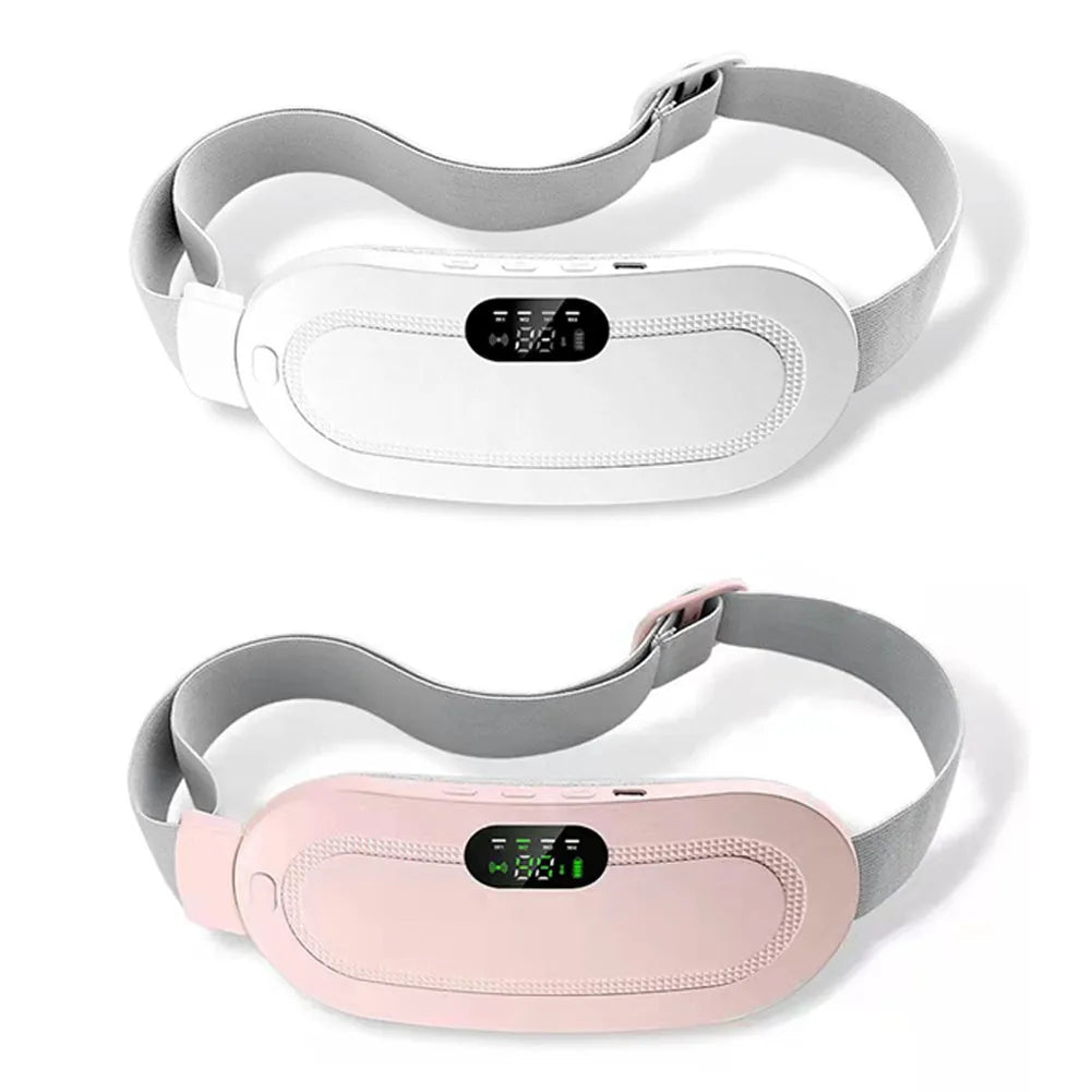 Pink and white menstrual heating belt with USB charger, controller, and long cable on a grey background.